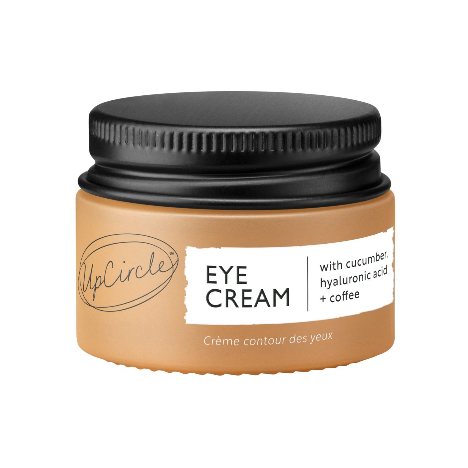 Jar of eye cream with a black lid on a white background